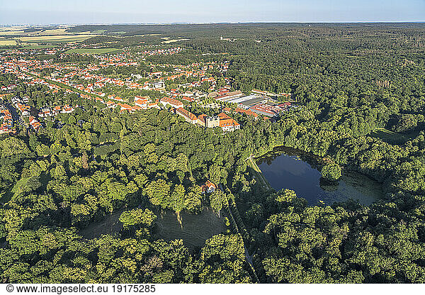 Germany  Saxony-Anhalt  Ballenstedt  Aerial view of lake in front of Ballenstedt Castle