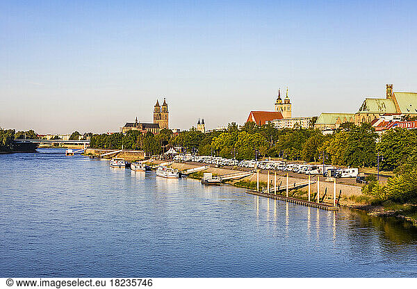 Germany  Saxony-Anhalt  Magdeburg  Motor homes parked in front of marina on Elbe river