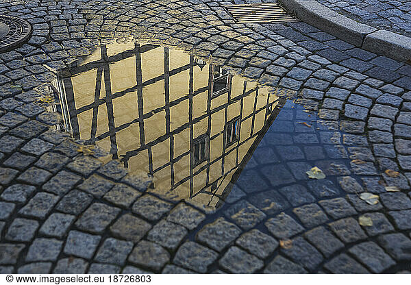 Germany  Saxony-Anhalt  Wernigerode  Half-timbered house reflecting in street puddle