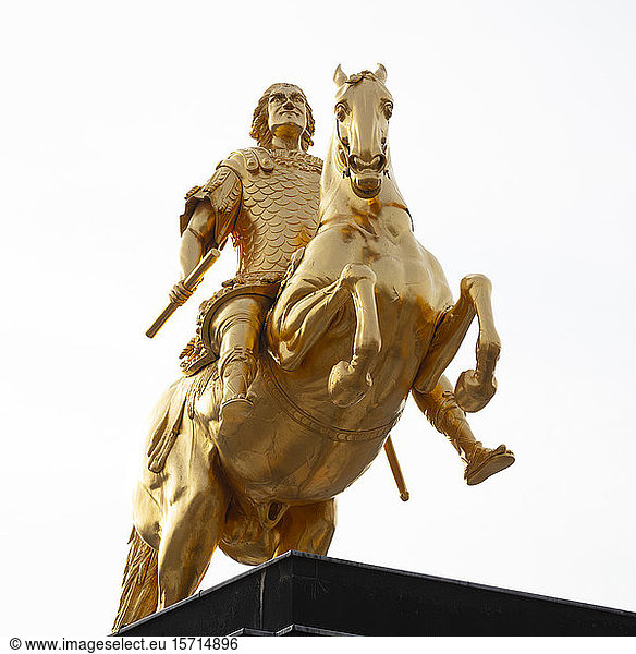 Germany  Saxony  Dresden  Low angle view of gold equestrian statue of Augustus II the Strong