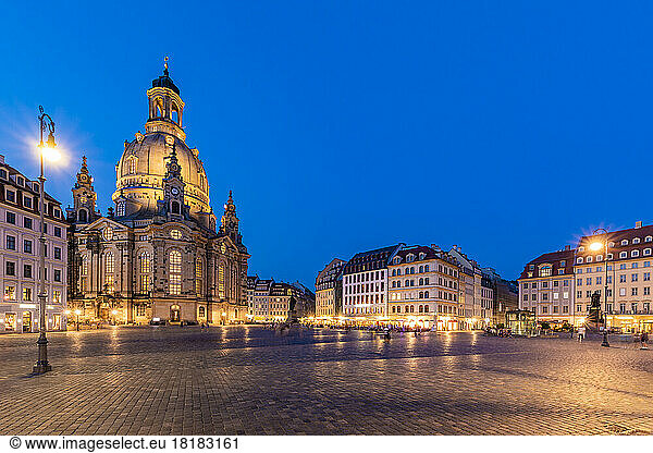 Germany  Saxony  Dresden  Neumarkt square at dusk with historic Frauenkirche church in background