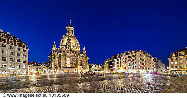 Germany  Saxony  Dresden  Neumarkt square at dusk with historic Frauenkirche church in background