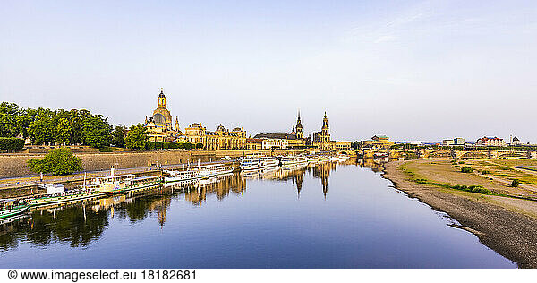 Germany  Saxony  Dresden  Panoramic view of boats moored in front of Bruhls Terrace