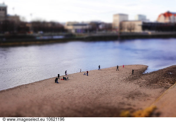 Germany  Saxony  Dresden  people at River Elbe  tilt-shift image