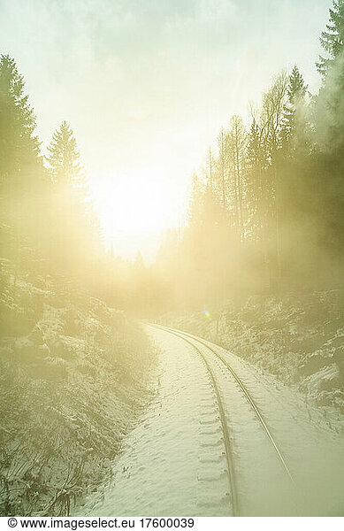 Germany  Saxony  Oberwiesenthal  Snow covered tracks of Fichtelberg railway at sunrise