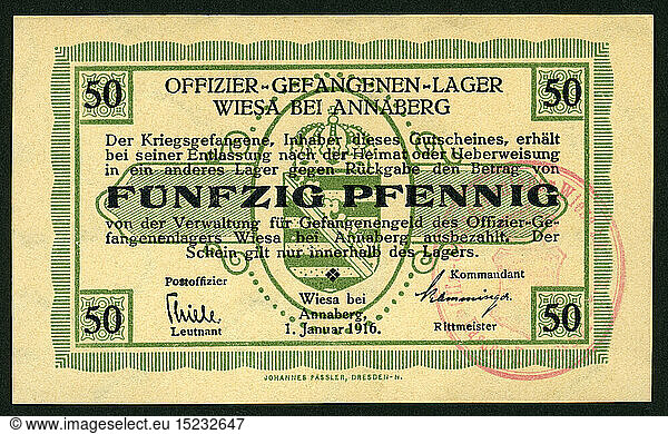 Germany  Saxony  Wiesa  officers prison camp Wiesa near Annaberg  coupon for fifty pence from the 01. January 1916  this note is guilty only in this camp  size 10 cm x 6 cm.