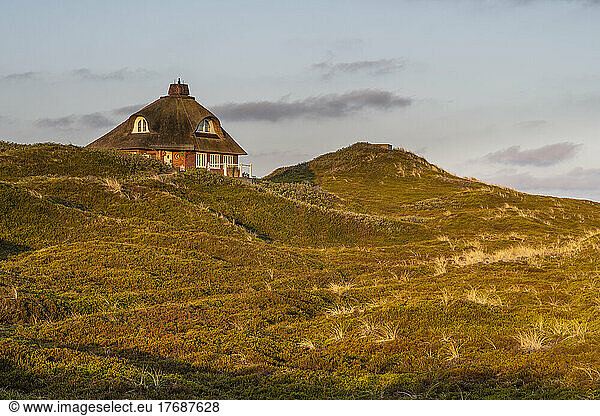 Germany  Schleswig-Holstein  Hornum  Secluded house surrounded by grassy dunes at dusk