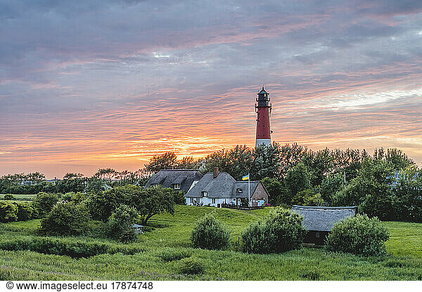 Germany  Schleswig-Holstein  Pellworm  Farmhouses in front of Pellworm Lighthouse at springtime sunset