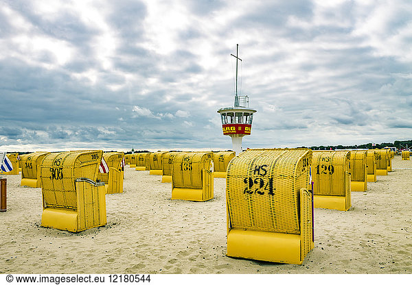 Germany  Schleswig-Holstein  Travemuende  beach  attendant's tower and hooded beach chairs
