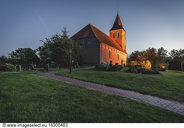 Germany  Schleswig-Holstein  Westerhever  Saint Stephanus Church at dusk