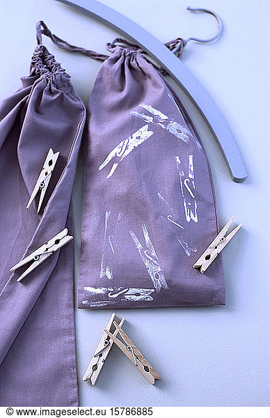 Germany  Studio shot of purple cloth bag with clothespins