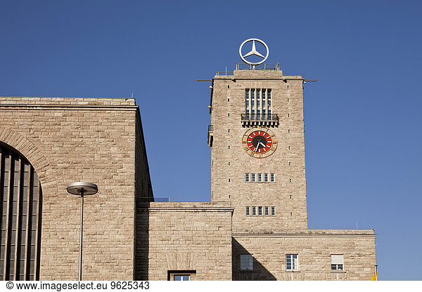 Germany  Stuttgart  central station with Mercedes logo on clock toer