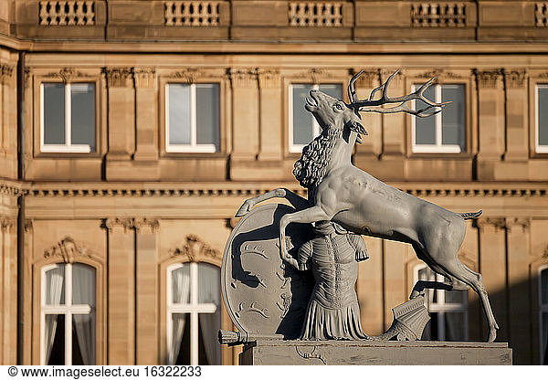 Germany  Stuttgart  Palace Square  deer figurine and New Castle in the background
