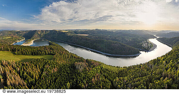 Germany  Thuringia  Panoramic view of bend of river Saale at sunset