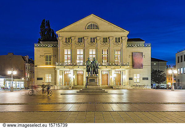 Germany  Thuringia  Weimar  Theaterplatz  German National Theater with Goethe and Schiller statues at night