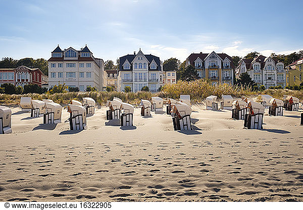 Germany  Usedom  Bansin  hooded beach chairs on the beach