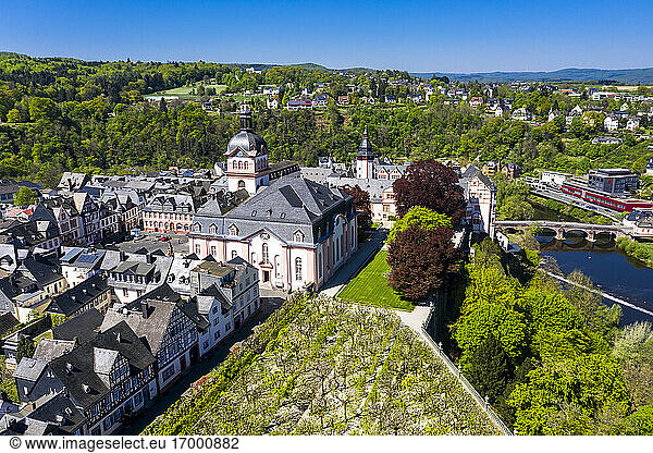 Germany  Weilburg  Weilburg Castle with baroque palace complex  old town hall and castle church with tower  aerial view