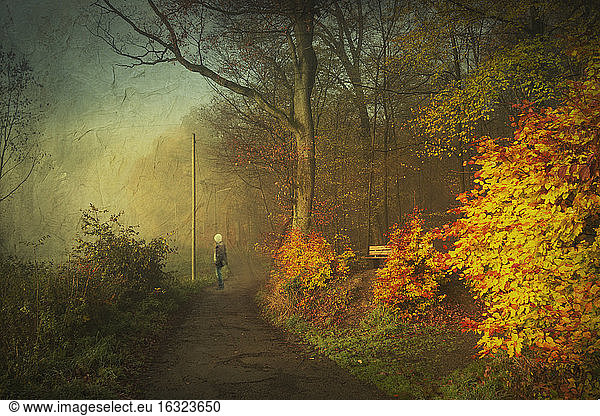 Germany  Wuppertal  walker standing on forest track  autumn forest  textured effect