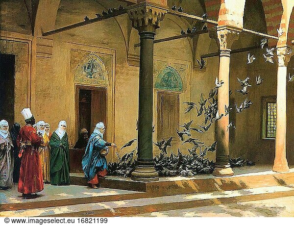 Gerome Jean-L?on - Haremsdamen beim Füttern von Tauben in einem Hof - Französische Schule - 19. Jahrhundert.