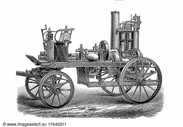 Geschichte der Brandbekämpfung  Feuerwehr  Feuerlöschpumpe 1890: Mit Benzin betriebene Maschine  digital restaurierte Reproduktion einer Originalvorlage aus dem 19. Jahrhundert