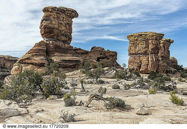 Gestapelte Felsen und interessante Geologie am Big Spring Canyon Overlook im Canyonlands National Park; Moab  Utah  Vereinigte Staaten von Amerika