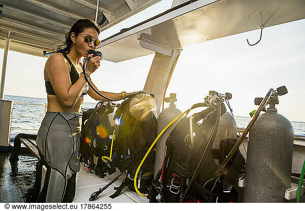 getting ready for a dive on a research vessel at Tubbataha reef
