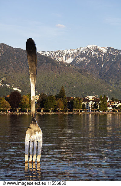 Giant fork sculpture from Alimentarium food museum  Lake Geneva (Lac Leman)  Vevey  Vaud  Switzerland  Europe