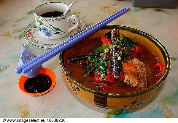 Giant Freshwater Prawn with noodle soup  Bintulu Food Market  Bintulu Division  Sarawak  Malaysia  Asia
