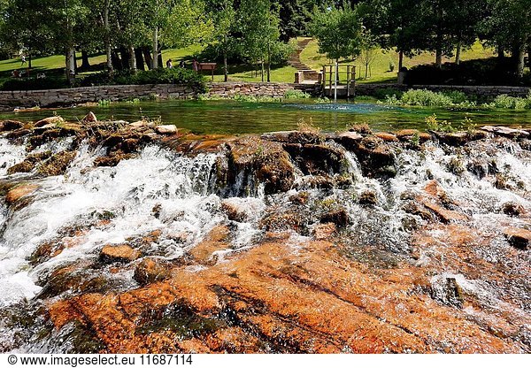 Giant Springs in summer flows from groundwater into the Missouri River in Giant Springs State Park in Great Falls Montana