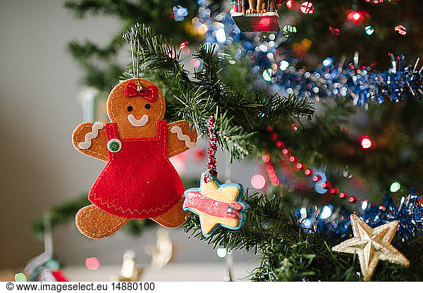 Gingerbread girl Christmas decoration on tree