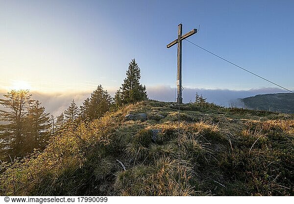 Gipfelkreuz im Morgenlicht auf dem Portlakopf  Damüls  Bregenzerwald  Vorarlberg  Österreich  Europa