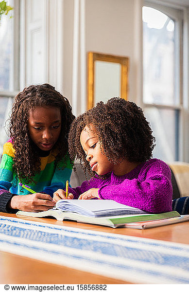 Girl assisting sister in doing homework at table