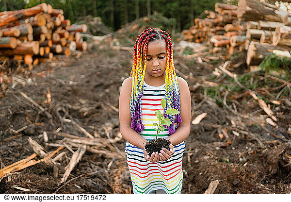 Girl carefully holds sapling on logging site