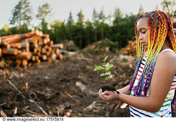 Girl cups sapling in hands on logging site