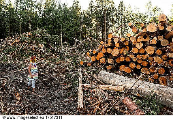Girl explores muddy logging site