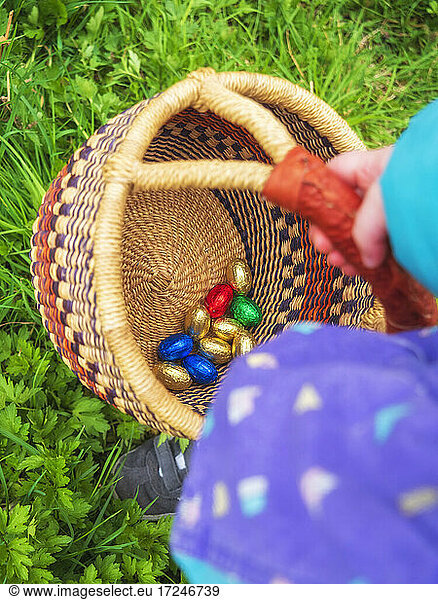 Girl holding basket of Easter egg on grass