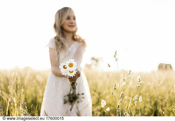 Girl holding daisy flowers in nature