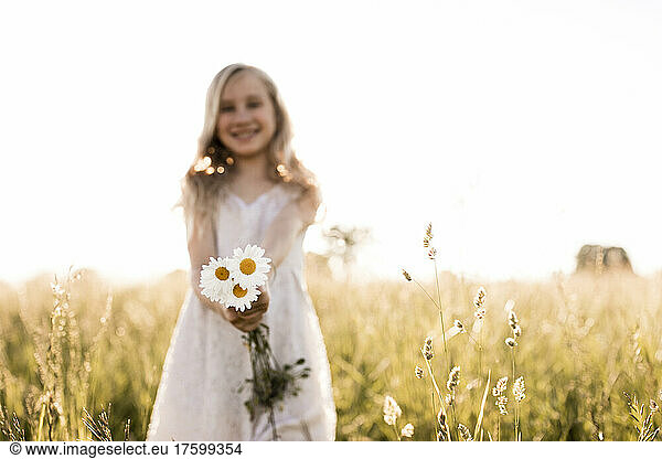 Girl holding white daisy in field