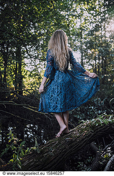 girl in a blue dress stands on a tree fallen across a pond