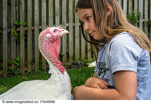 Girl in staring contest with pet turkey on a sunny day