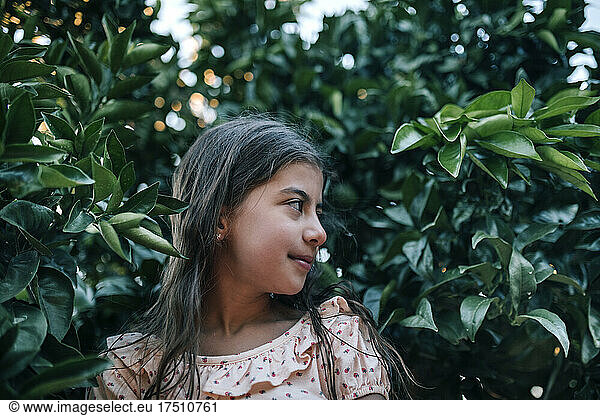 Girl looking away against trees