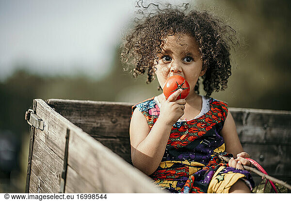 Girl looking while eating tomato sitting in truck