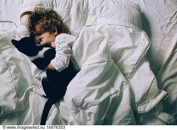 Girl playing with cat in a bed