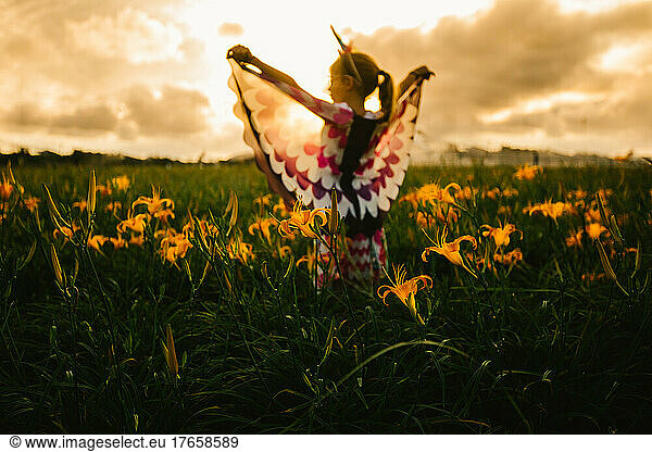 Girl pretends to fly with butterfly wings in golden sunset