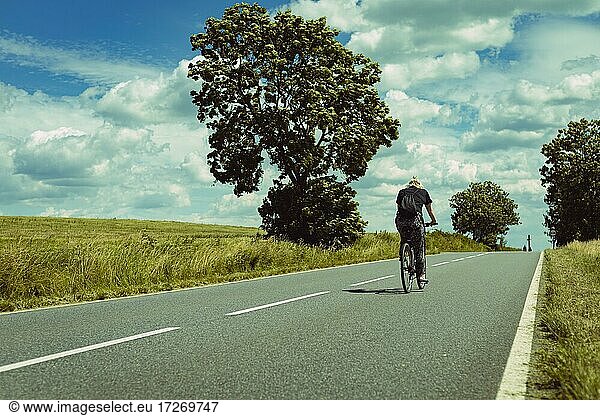 Girl riding a bicycle along the asphalt road among the fields of wheat  Poland  Europe