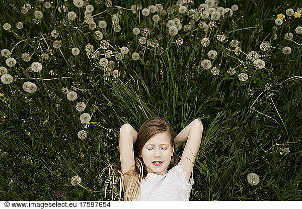 Girl sleeping on dandelions in field