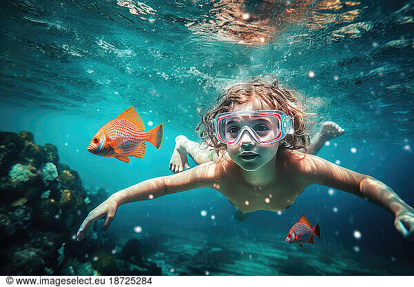 Girl snorkeling surrounded by fishes. AI Generative