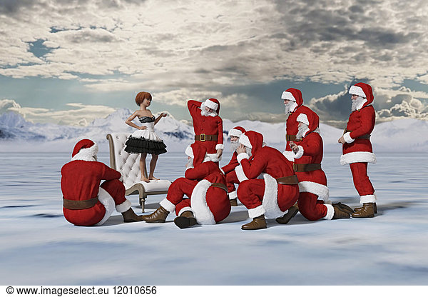 Girl standing on chair lecturing Santas