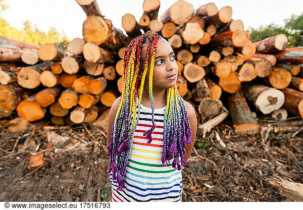 Girl stands in front of pile of logs