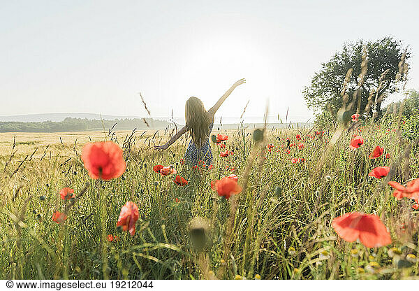 Girl with arms outstretched standing in poppy field